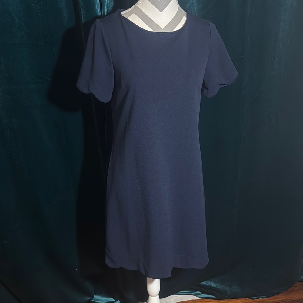 Elegant Navy Blue Dress with Scalloped Sleeves and Hem By Monteau Size Medium